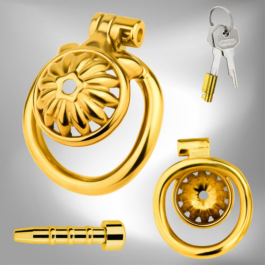 Gold Sunflower Tiny Chastity Cage Small Metal CockCage For Men Sissy Gay