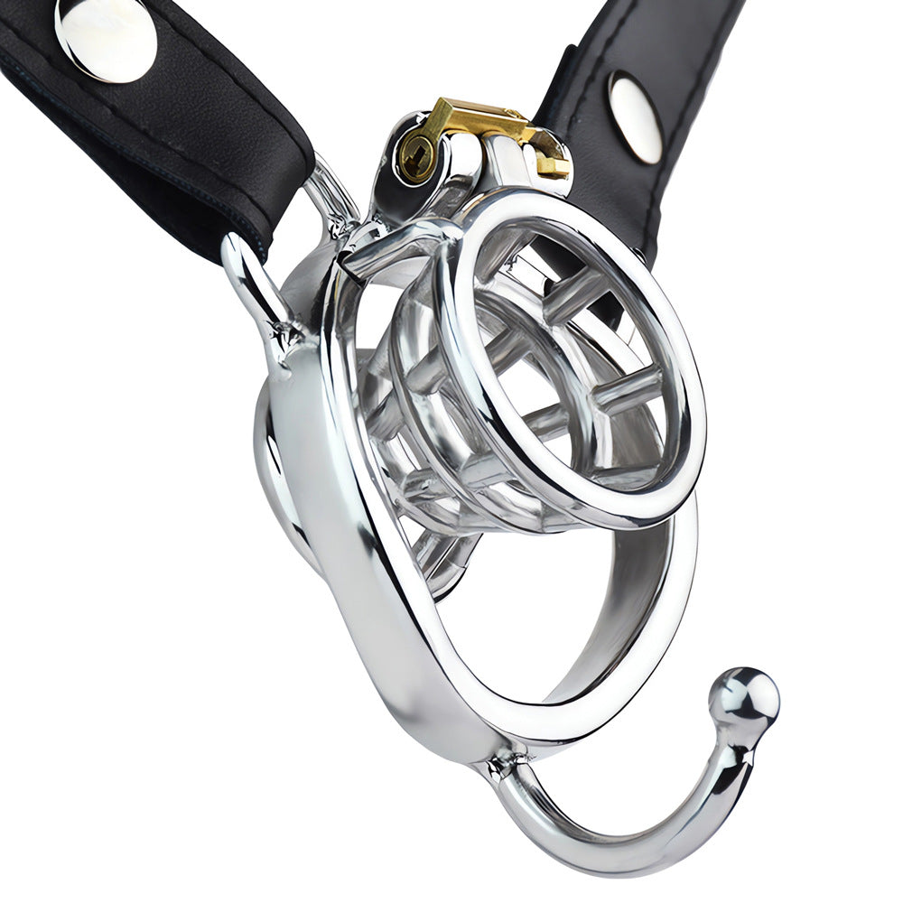 Stainless Steel Negative Inverted Chastity Cage with PU Belt - ChastityForMan