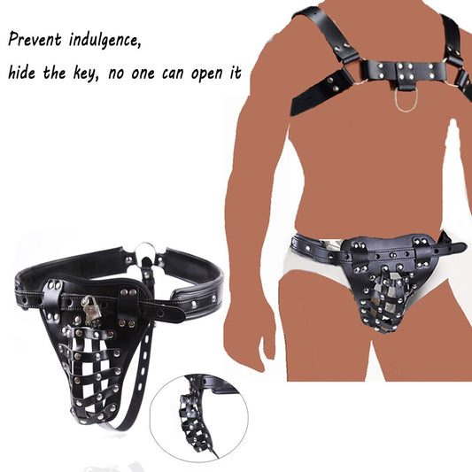 PU Leather Male Chastity Bondage Underwear Set - Chastity Belt For Men and Chest Bondage Top