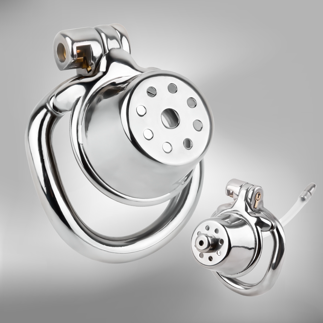 Stainless Steel Showerhead Chastity Cage with Silicone Urethral Catheter