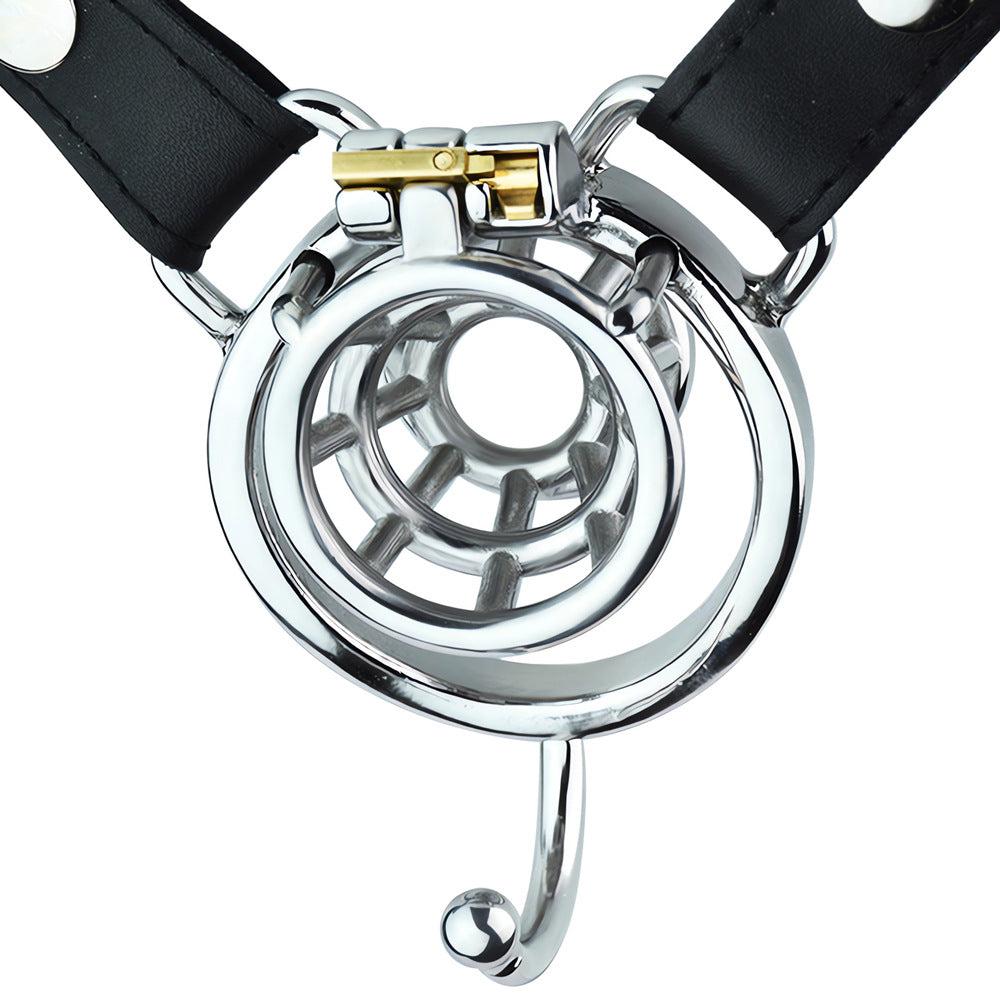 Stainless Steel Negative Inverted Chastity Cage with PU Belt - ChastityForMan