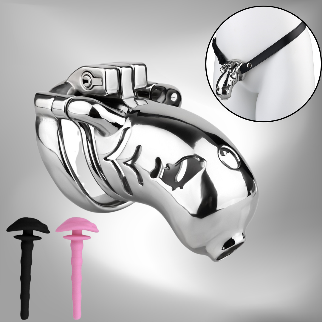 Metal Fishmouth Chastity Cage with Anti-Drop Ring and Realistic Pussy Pee Tube
