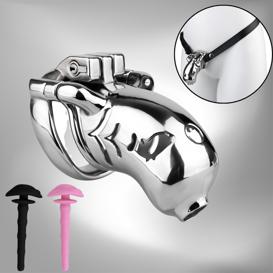 Metal Fishmouth Chastity Cage with Anti-Drop Ring and Realistic Pussy Pee Tube