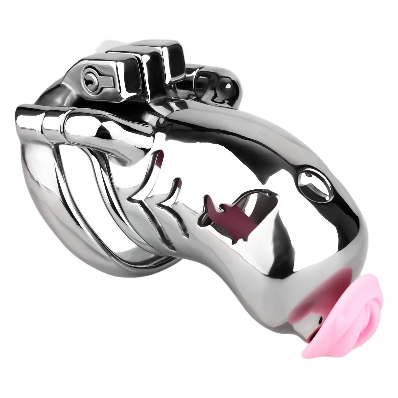 Metal Fishmouth Chastity Cage with Anti-Drop Ring and Realistic Pussy Pee Tube