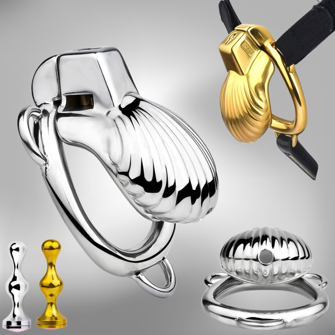 Mini Metal Shell Chastity Cage with Butt Plug and 3-Way Adjustable Str ChastityForMan Mini Metal Shell Chastity Cage with Butt Plug and 3-Way Adjustable Str ChastityForMan