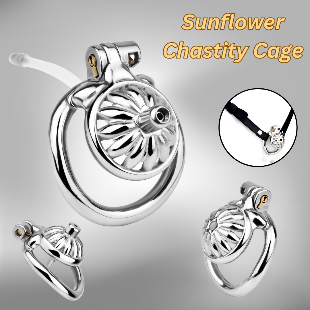 Tiny Metal Sunflower Chastity Cage Micro Flat Cock Cage with Detachable Silicone and Metal Catheter Urethral Tube and PU Belt