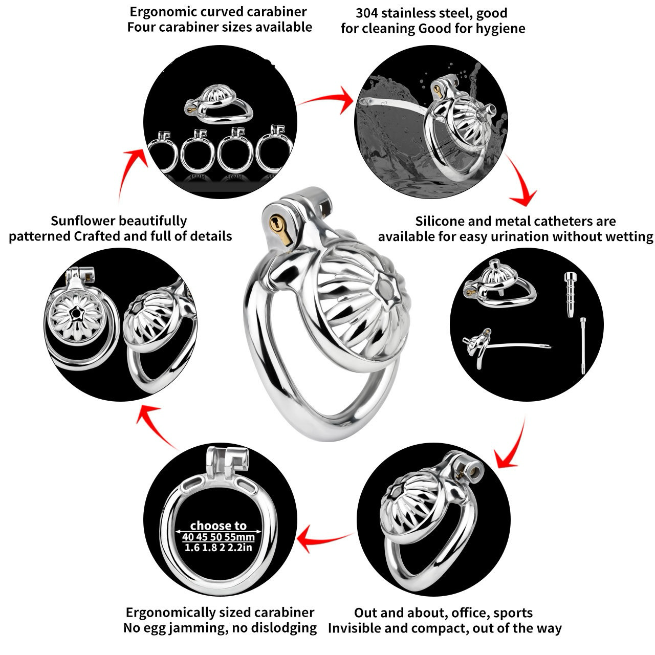 Tiny Metal Sunflower Chastity Cage Micro Flat Cock Cage with Detachable Silicone and Metal Catheter Urethral Tube and PU Belt