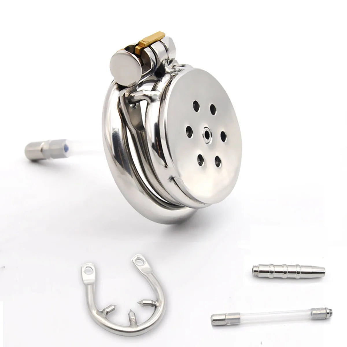 Tiny Flat Urethral Chastity Cage with Detachable Silicone Catheter and Spiked Ring Discreet Metal Cock Cage for small penis