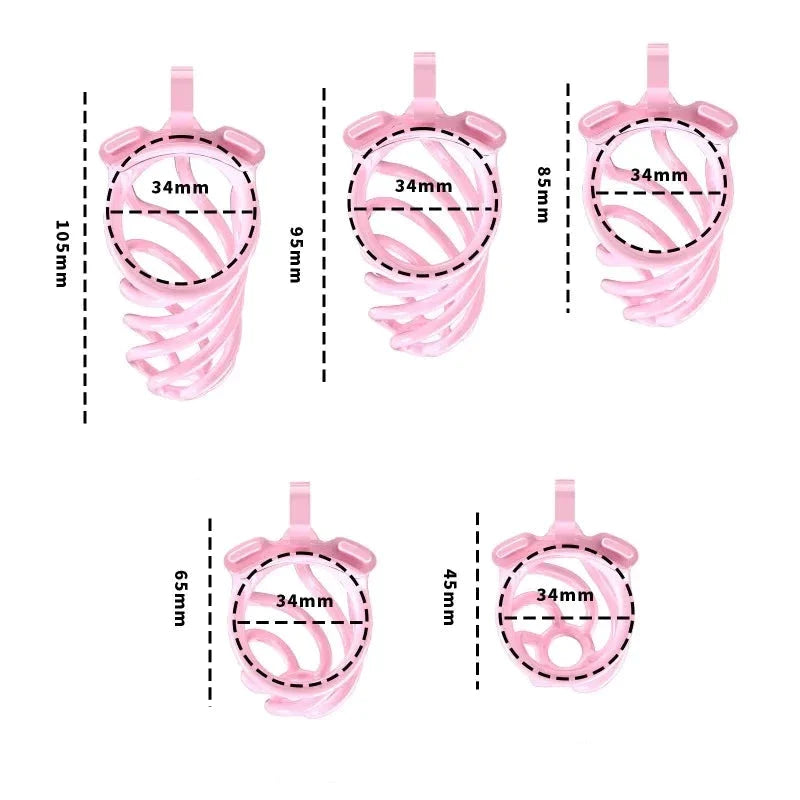 3D Printed Spiral Pink Chastity Cage Set with 4 Penis Rings Pink Cockcage For Ladyboy and Sissy