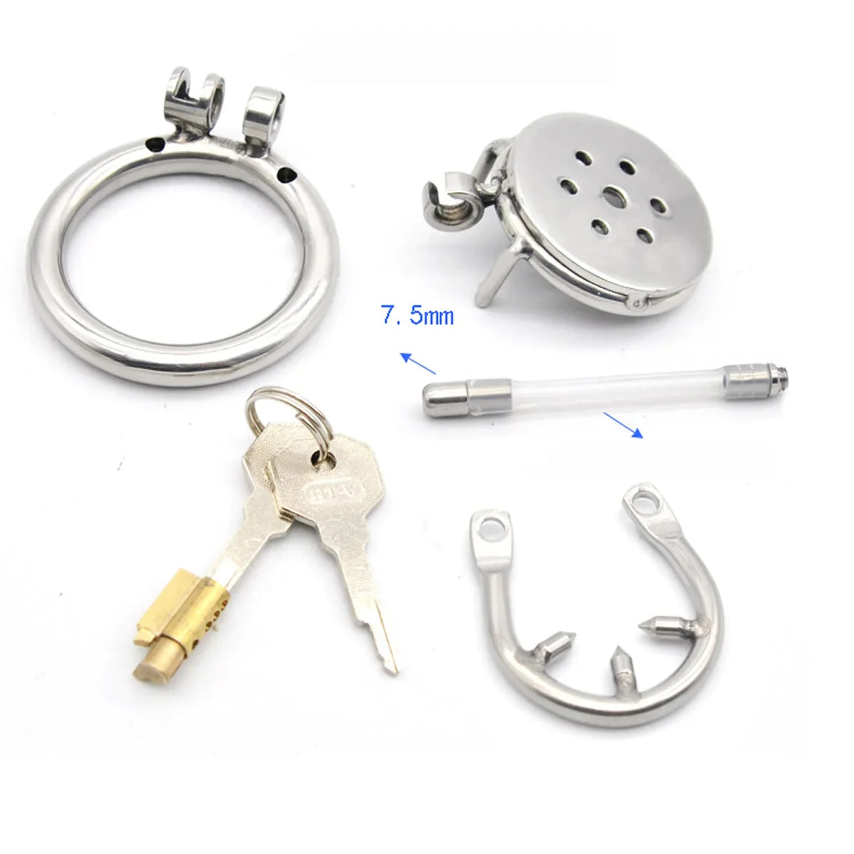 Tiny Flat Urethral Chastity Cage with Detachable Silicone Catheter and Spiked Ring Discreet Metal Cock Cage for small penis