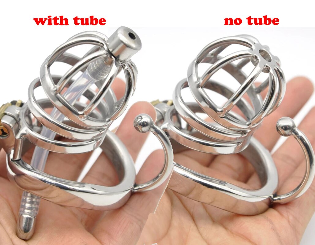 Hollowed Metal Chastity Cage with Soft Silicone Catheter Tube and Scrotum Separator