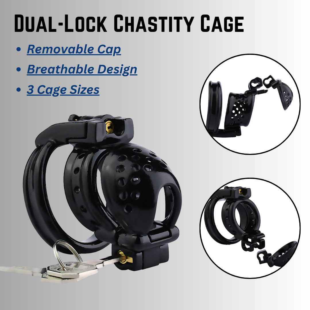 Double-Lock Black Resin Chastity Cage with Detachable Cap - 3D Printed Cock Cage