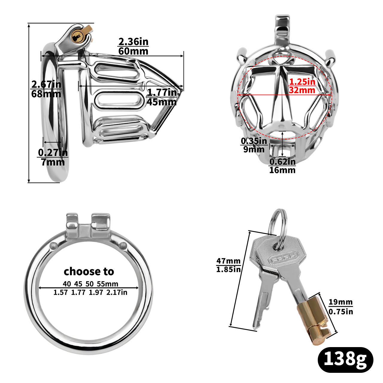 Male Chastity Cage with Comfort Urine Opening Stainless Steel Cock Cage