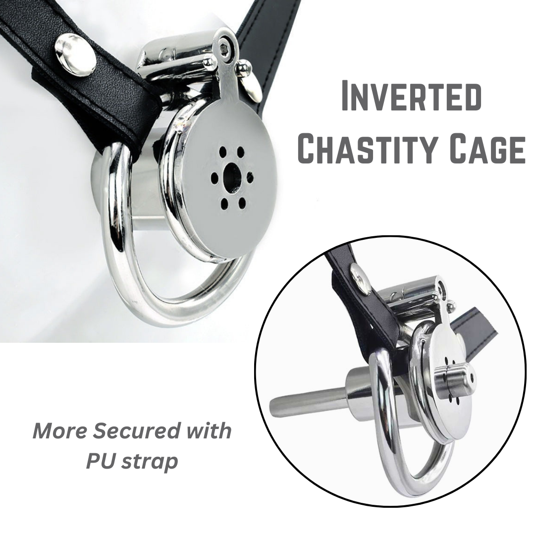 Inverted Chastity Cage with Removable Metal Catheter and PU Strap