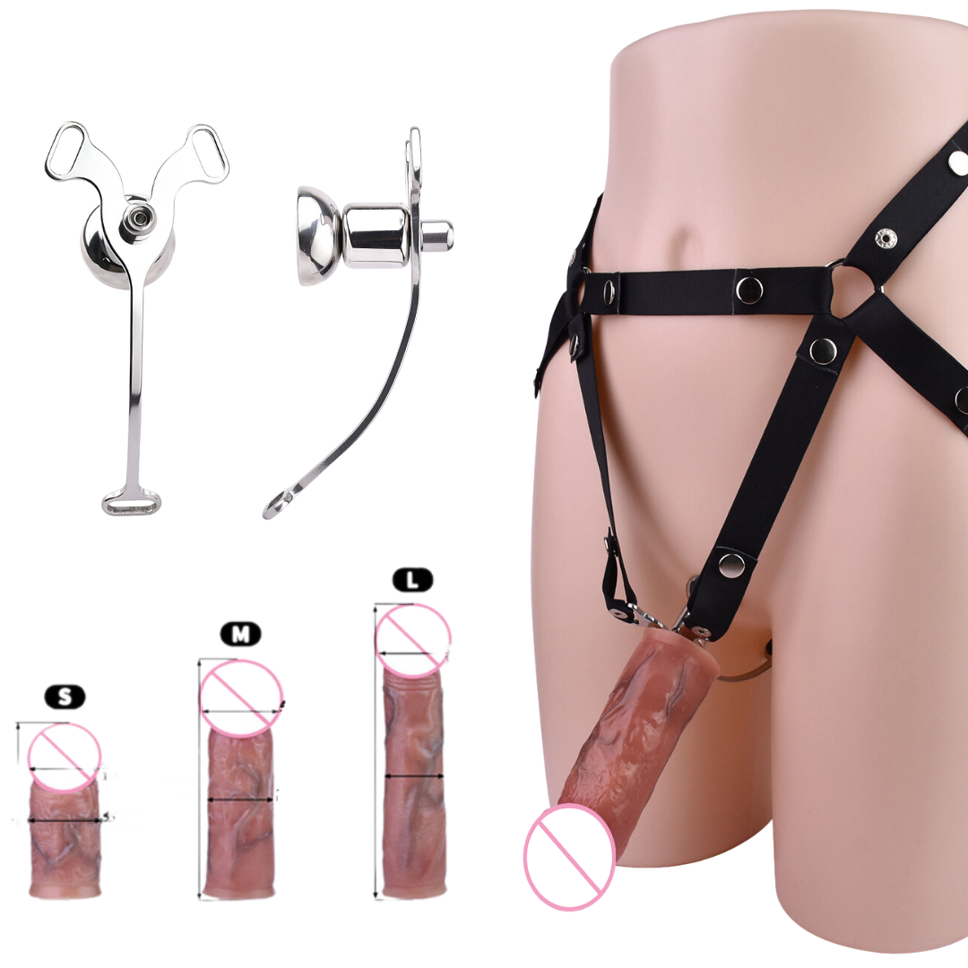 Negative Inverted Chastity Cage with Realistic Dildo and Strap