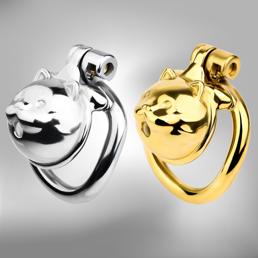 Lucky Cat Chastity Cage for Men Silver/Gold Smooth Stainless Steel Restraint for Sexual Control