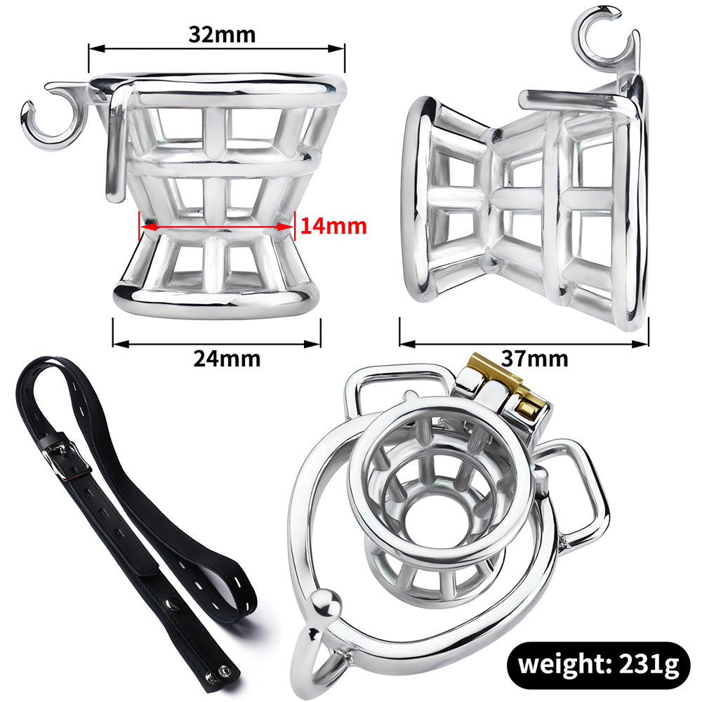 Stainless Steel Negative Inverted Chastity Cage with PU Belt - ChastityForMan