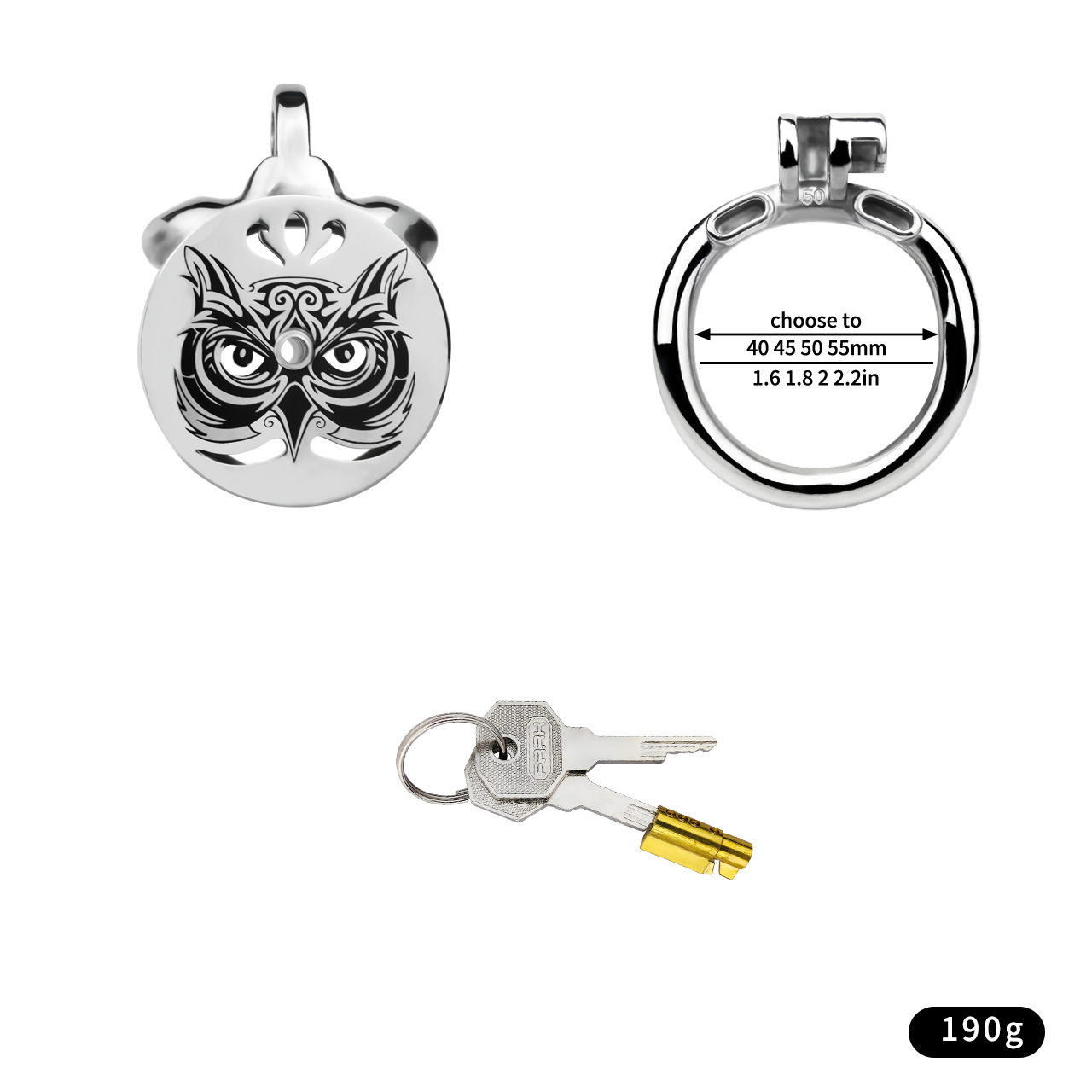 Midnight Owl Flat Stainless Steel Chastity Cage with Removable Urethral Catheter
