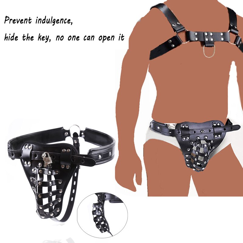 PU Leather Male Chastity Bondage Underwear Set - Chastity Belt For Men and Chest Bondage Top