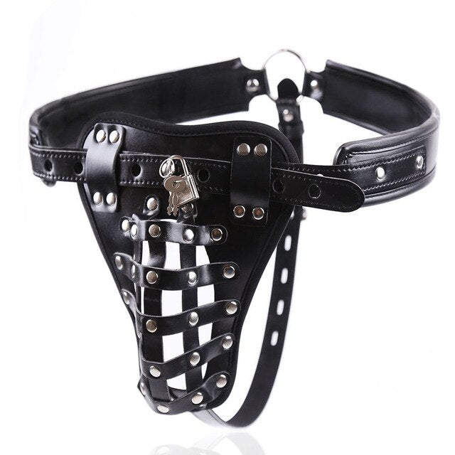 PU Leather Male Chastity Bondage Underwear Set - Chastity Belt For Men and Chest Bondage Top