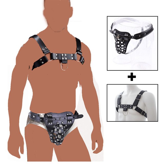 PU Leather Male Chastity Bondage Underwear Set - Chastity Belt For Men and Chest Bondage Top