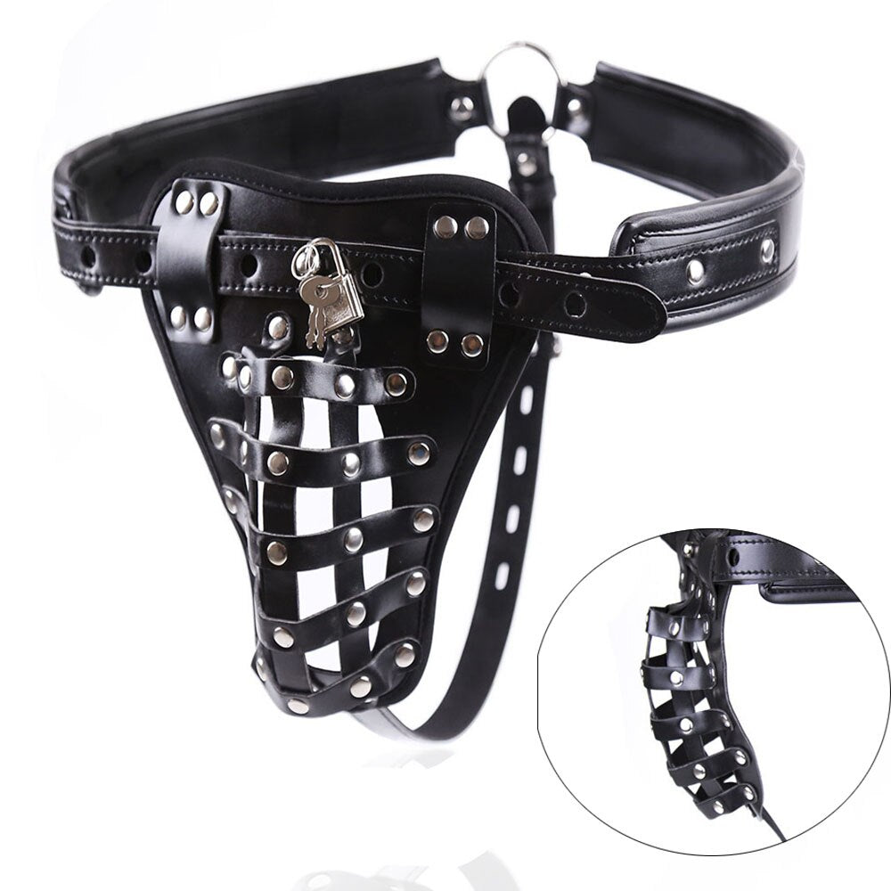 PU Leather Male Chastity Bondage Underwear Set - Chastity Belt For Men and Chest Bondage Top