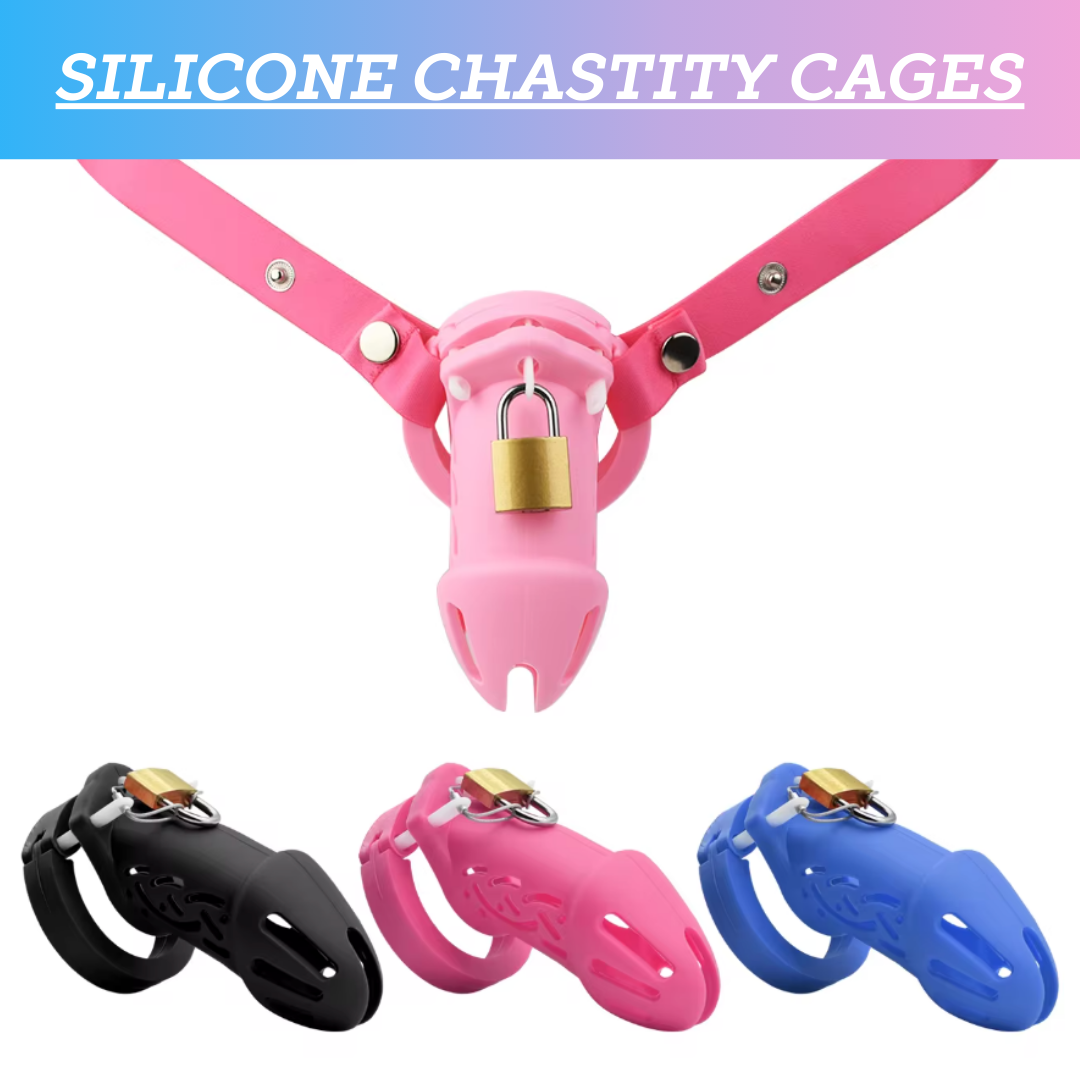 Comfortable Silicone Chastity Cage with 5 Penis Rings and Elastic Belt