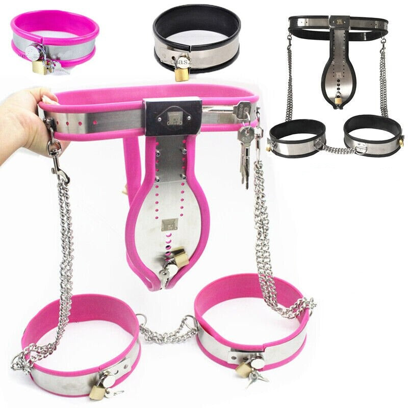 T-Back Male Chastity Belt with Bondage Collar, Thigh Cuffs and Butt Plug - Black/Pink