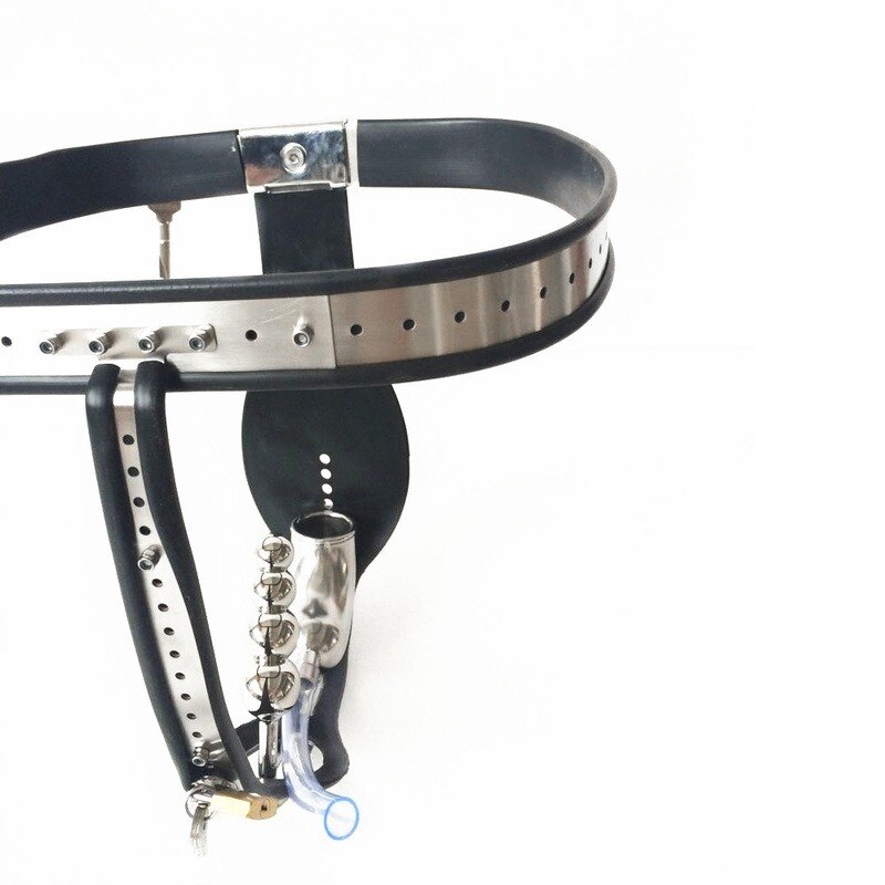 T-Back Male Chastity Belt with Bondage Collar, Thigh Cuffs and Butt Plug - Black/Pink