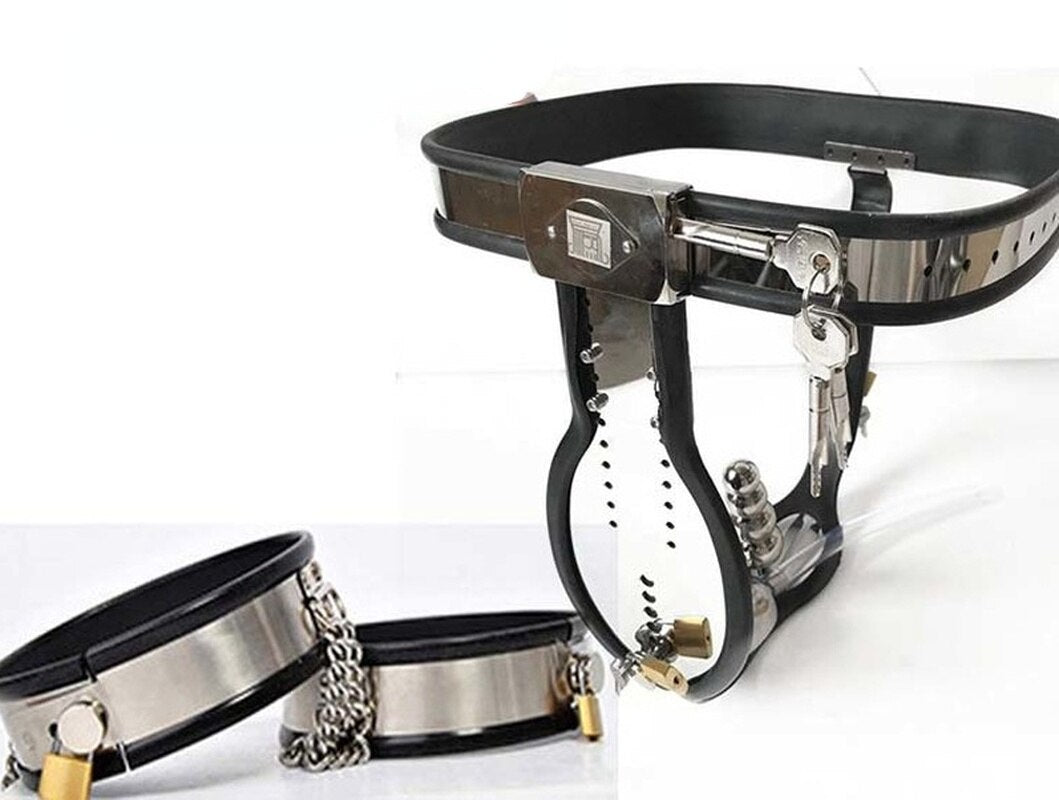 T-Back Male Chastity Belt with Bondage Collar, Thigh Cuffs and Butt Plug - Black/Pink