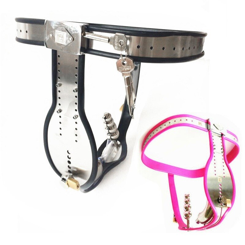 T-Back Male Chastity Belt with Bondage Collar, Thigh Cuffs and Butt Plug - Black/Pink