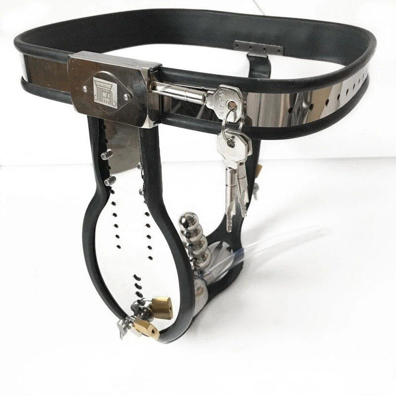 T-Back Male Chastity Belt with Bondage Collar, Thigh Cuffs and Butt Plug - Black/Pink