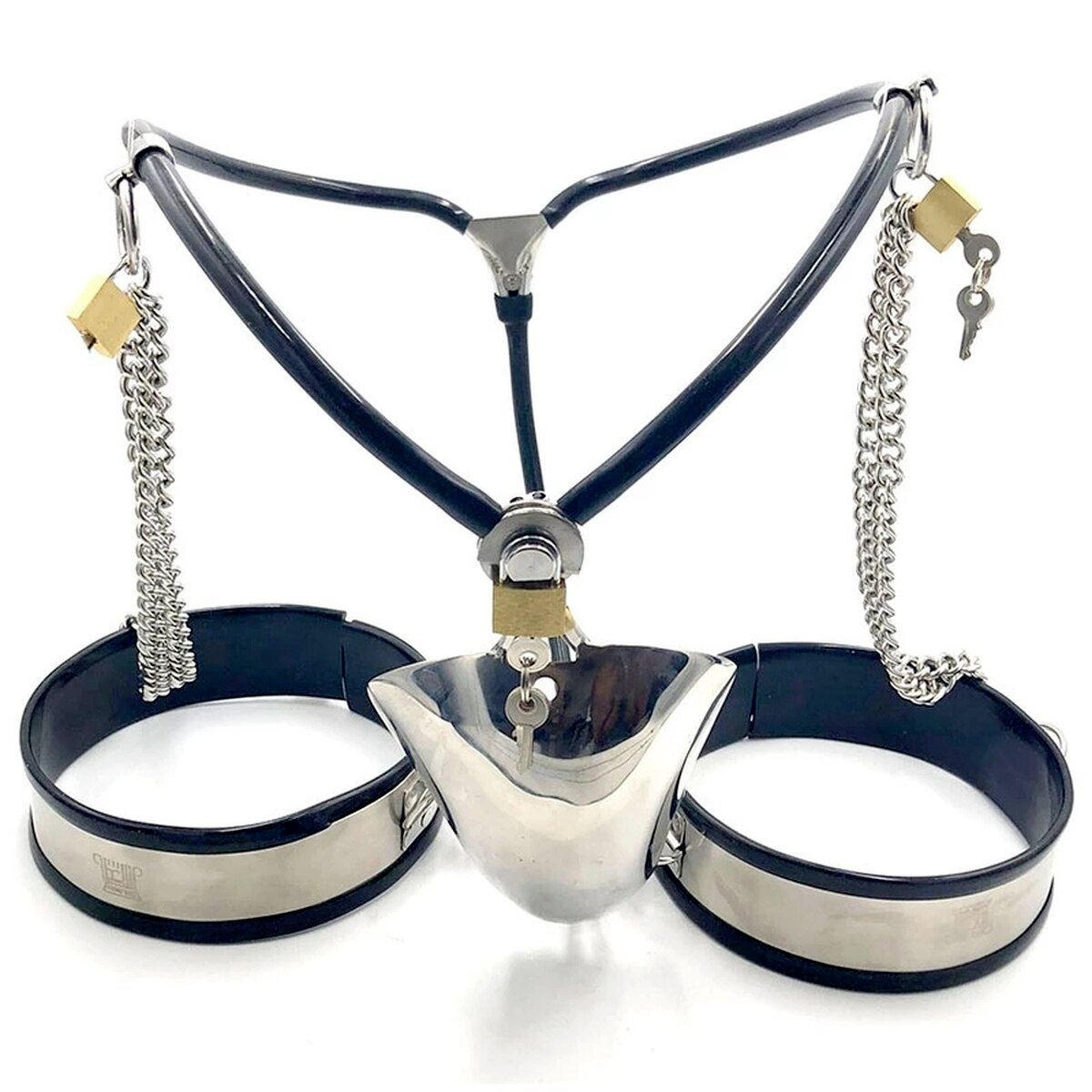 Invisible Chastity Belt For Men with Metal Penis Cage Shield, Anal Plugs and Lockable Thigh Cuffs