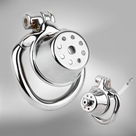 Stainless Steel Showerhead Chastity Cage with Silicone Urethral Catheter