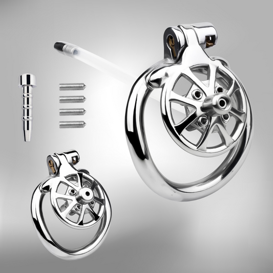 Versatile Flat Chastity Cage with Removable Spikes and Silicone/Metal Catheter Anti-Cheating Device
