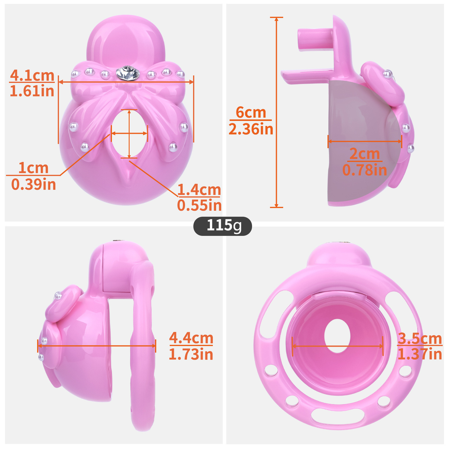 Pink Sissy Bowtie Chastity Cage Small Compact Cute Cockcage with Rhinestones and Breathable Base Rings