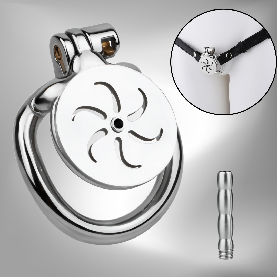 Flat Metal Male Chastity Cage with Strap and Catheter Ventilated Cock Lock