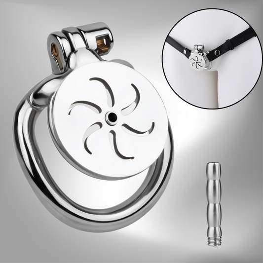 Flat Metal Male Chastity Cage with Strap and Catheter Ventilated Cock Lock