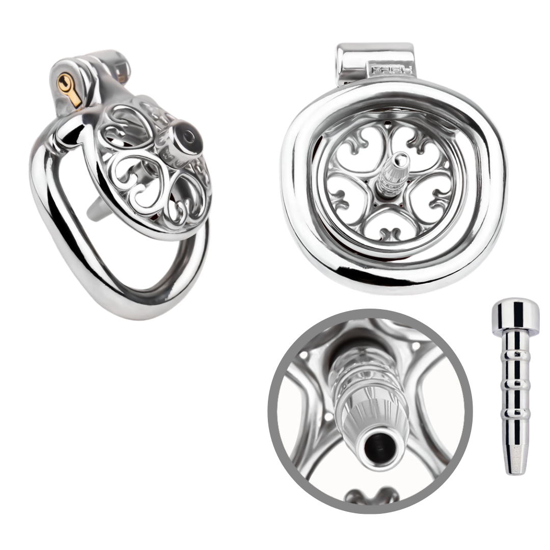 Detachable Flat & Inverted Hollow Heart Chastity Cage with Silicone/Metal Catheter