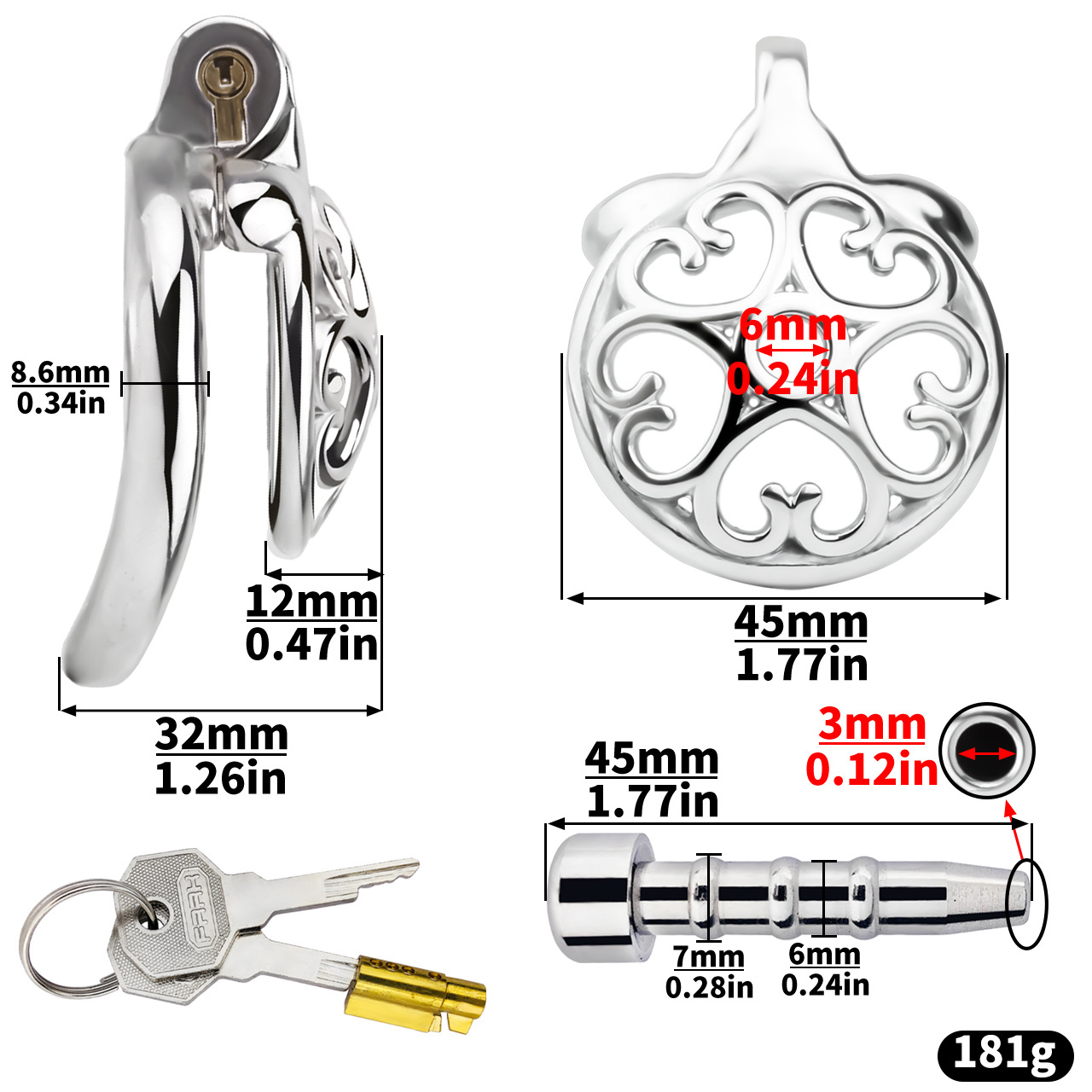 Detachable Flat & Inverted Hollow Heart Chastity Cage with Silicone/Metal Catheter