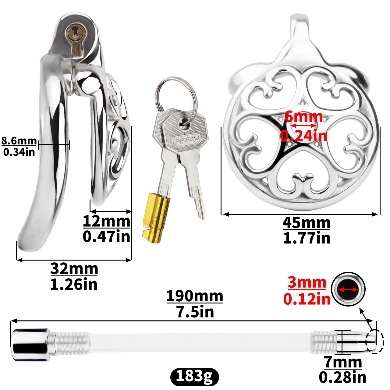 Detachable Flat & Inverted Hollow Heart Chastity Cage with Silicone/Metal Catheter