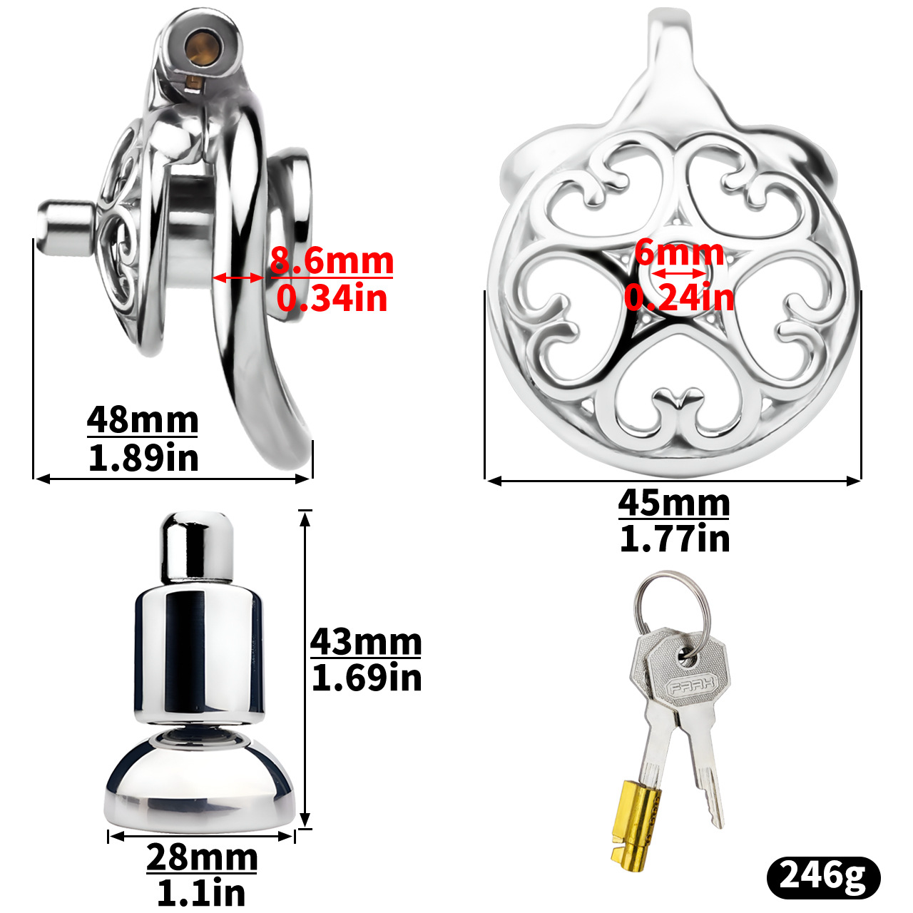 Detachable Flat & Inverted Hollow Heart Chastity Cage with Silicone/Metal Catheter