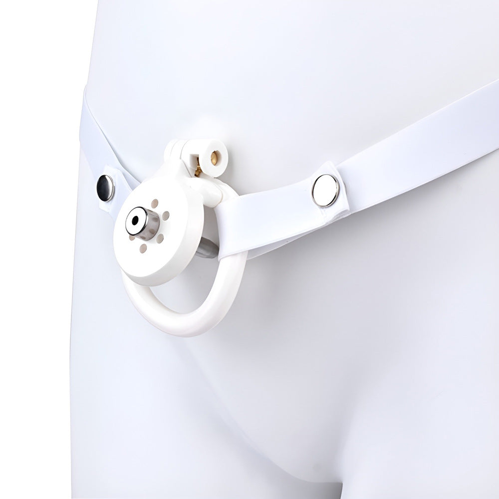 Flat Chastity Cage with Metal Urethral Plug and Elastic Belt - White