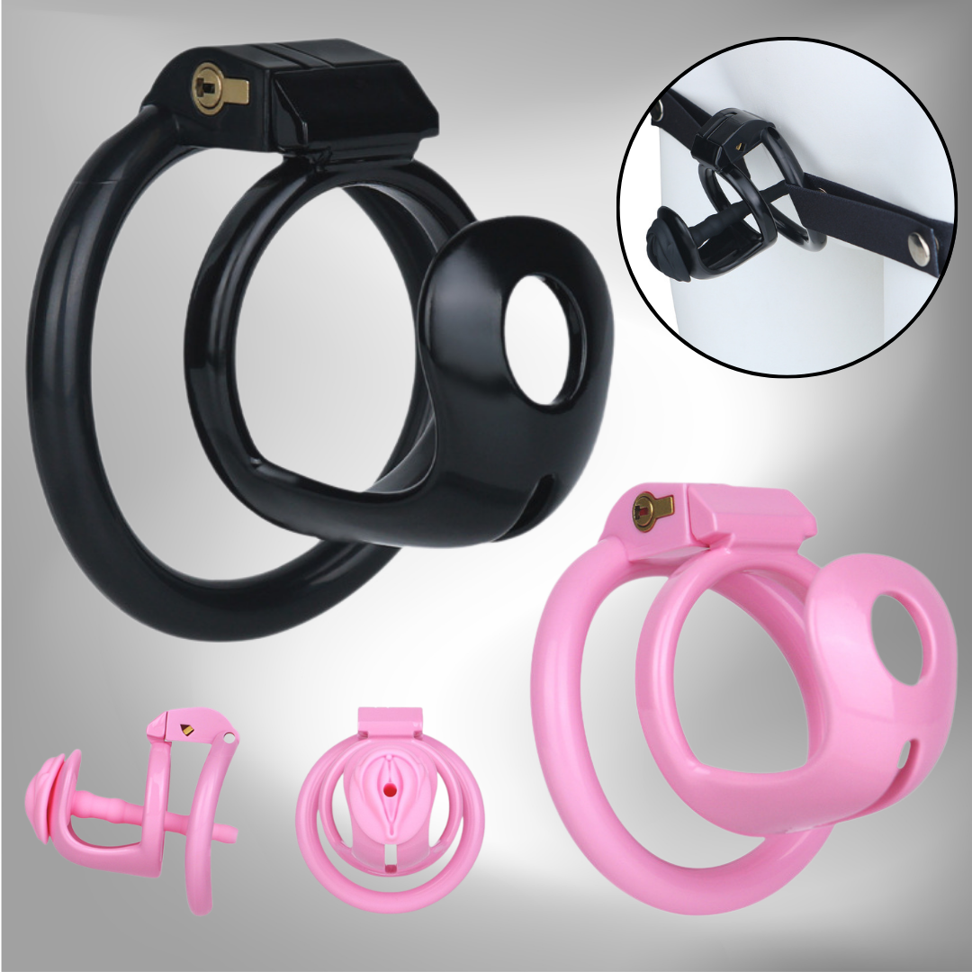 Lightweight Hard Resin Chastity Cage Black & Pink Cock Lock with Soft Pussy Catheter Clitoris Urethral Tube