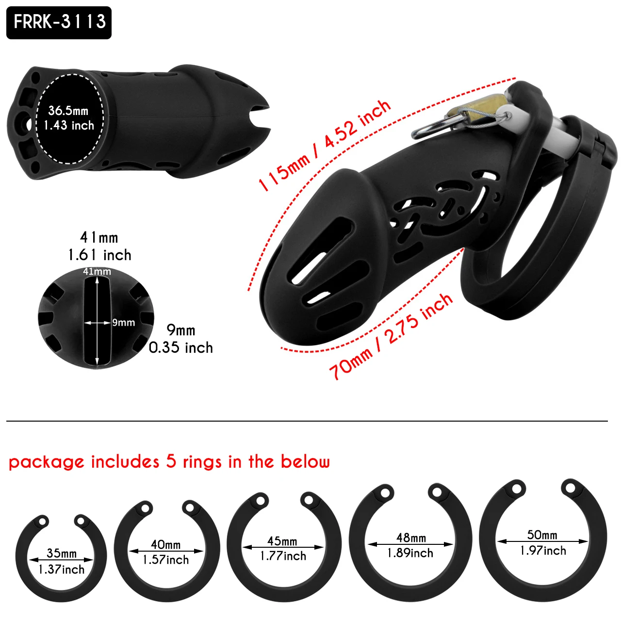 Comfortable Silicone Chastity Cage with 5 Penis Rings and Elastic Belt