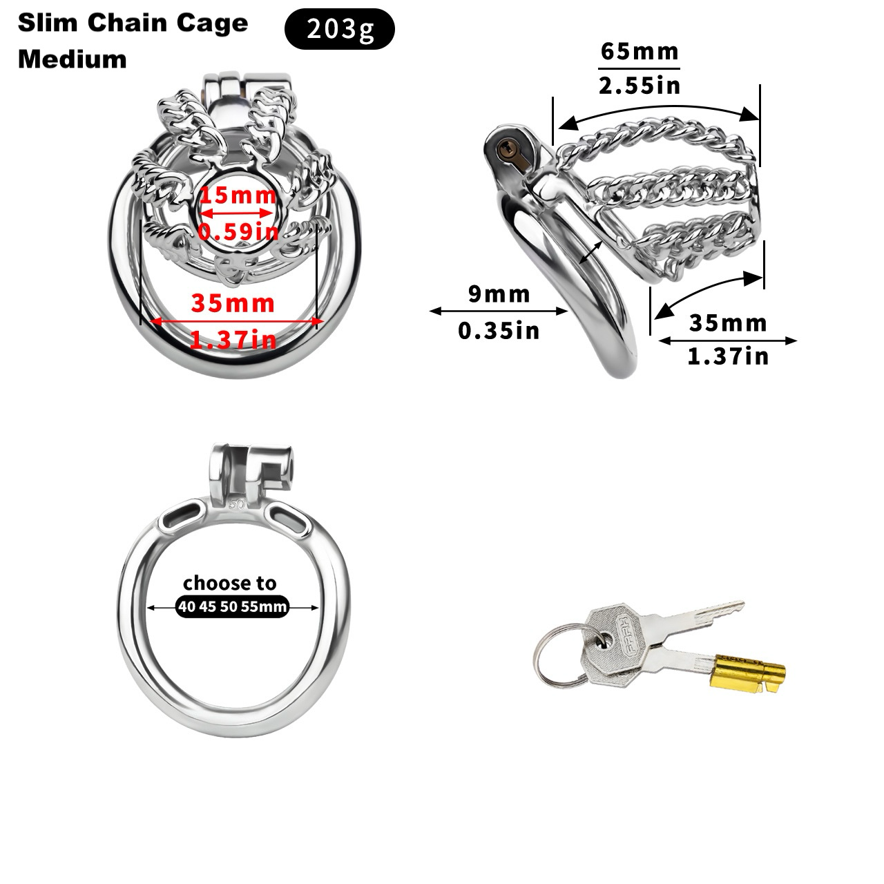 Slim & Heavy Chain Stainless Steel Chastity Cage Metal Cock Lock