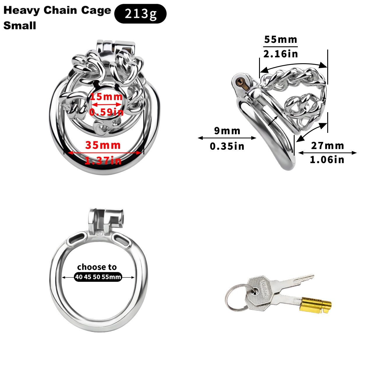 Slim & Heavy Chain Stainless Steel Chastity Cage Metal Cock Lock