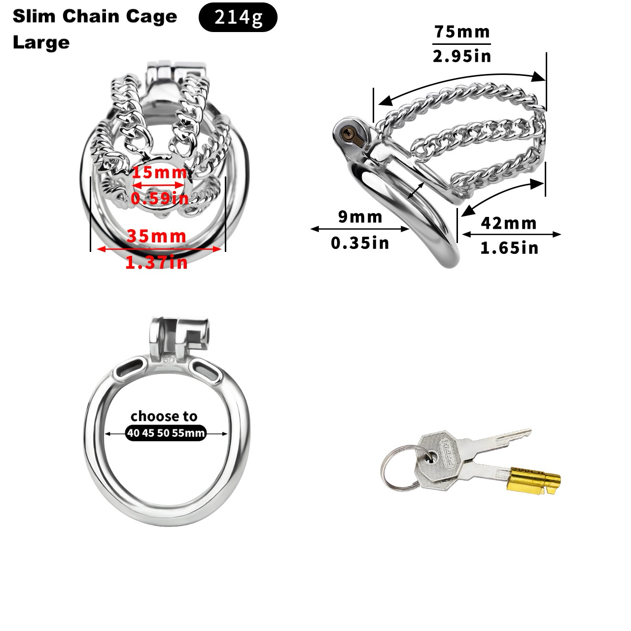 Slim & Heavy Chain Stainless Steel Chastity Cage Metal Cock Lock