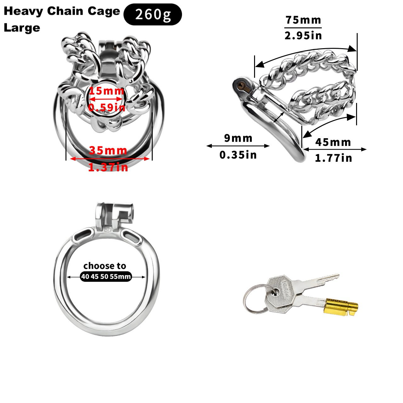 Slim & Heavy Chain Stainless Steel Chastity Cage Metal Cock Lock