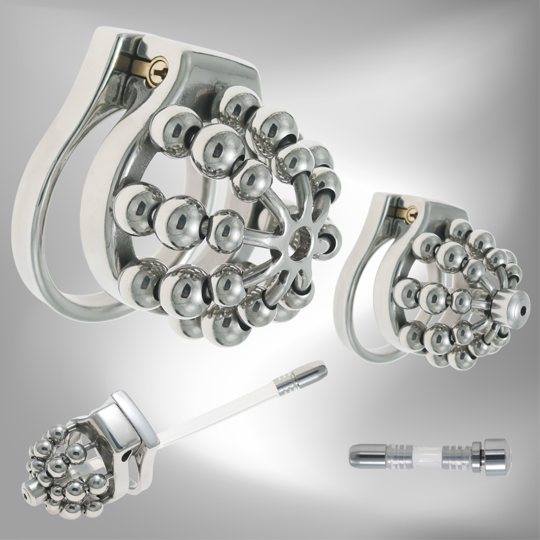 Beaded Metal Chastity Cage with Removable Urethral Catheter Penis Massage Cock Lock